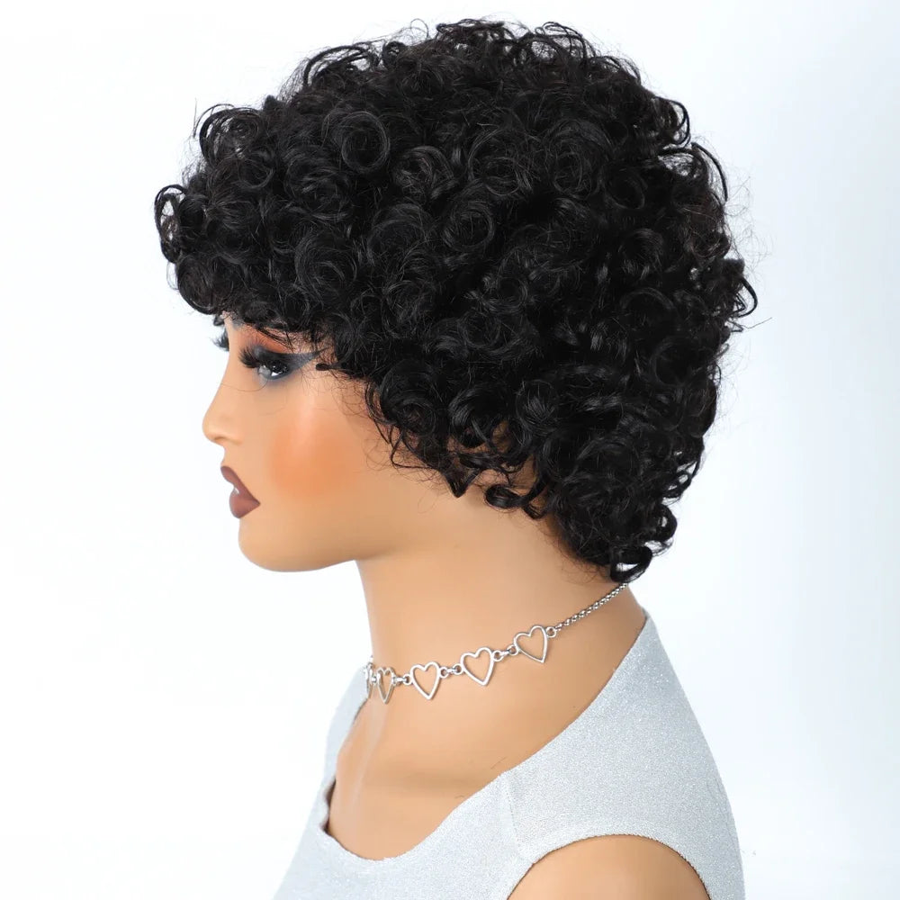 Brazilian Short Bob Pixie Afro Kinky Curly Wigs With Bangs For Black Women Natural Brown 99J Full Machine Made Human Hair Wigs