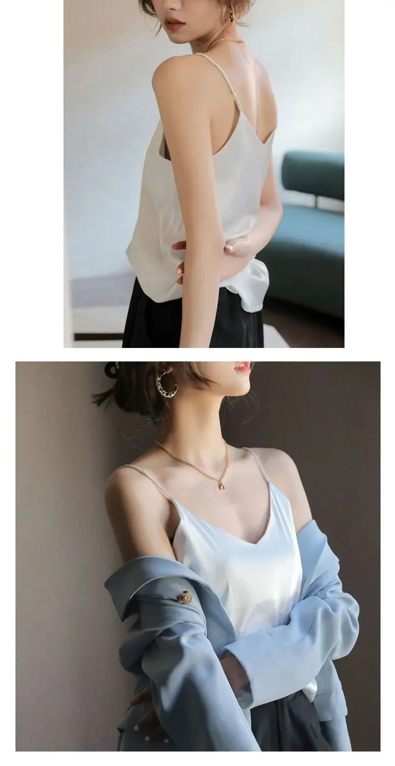 Women Halter V Neck Basic White Cami Spaghetti Strap Top Sleeveless Satin Silk 2026 Tank Tops Women'S Summer Camisole