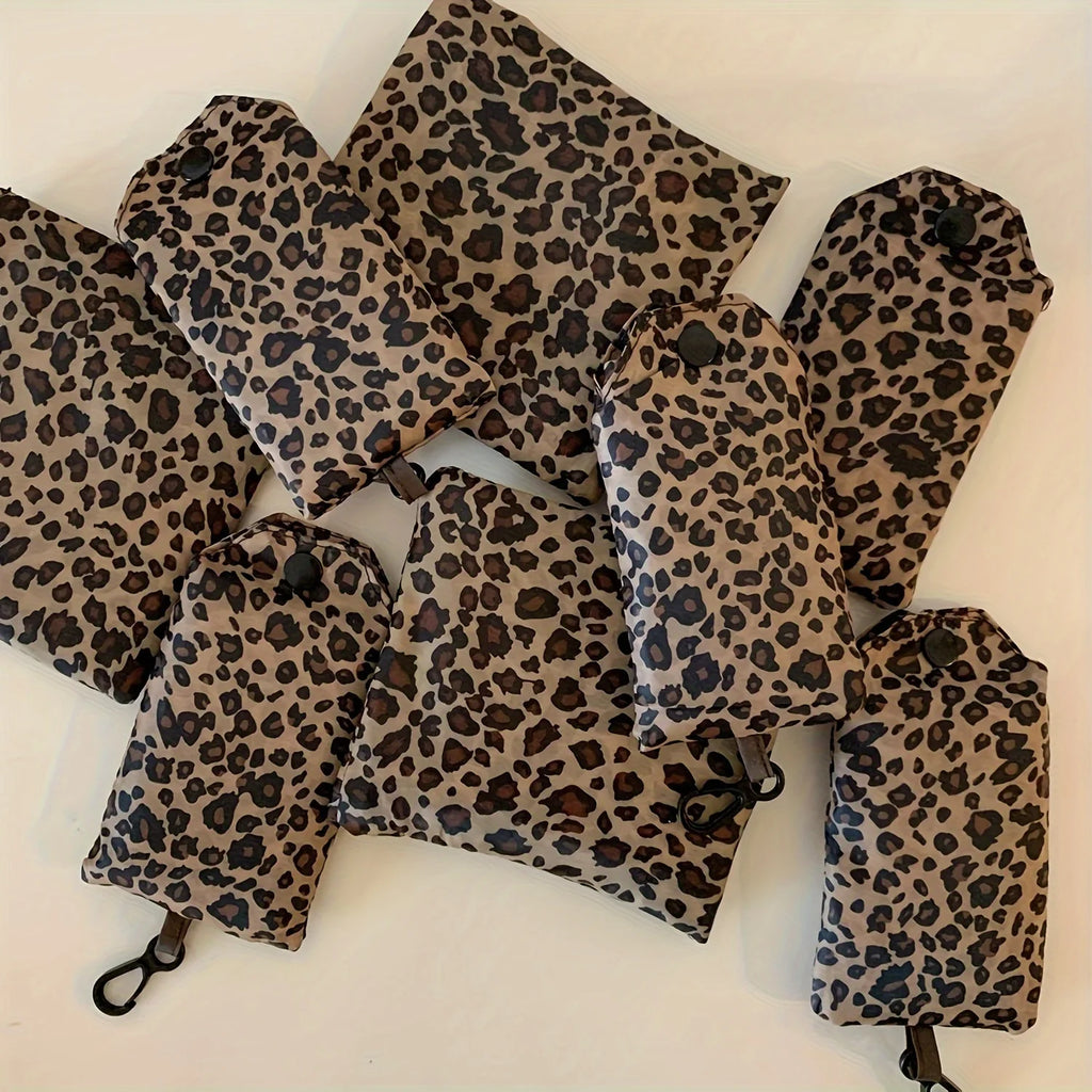 Leopard Print Foldable Tote Bag Lightweight Polyester Leak-Proof Reusable for Shopping Travel Work