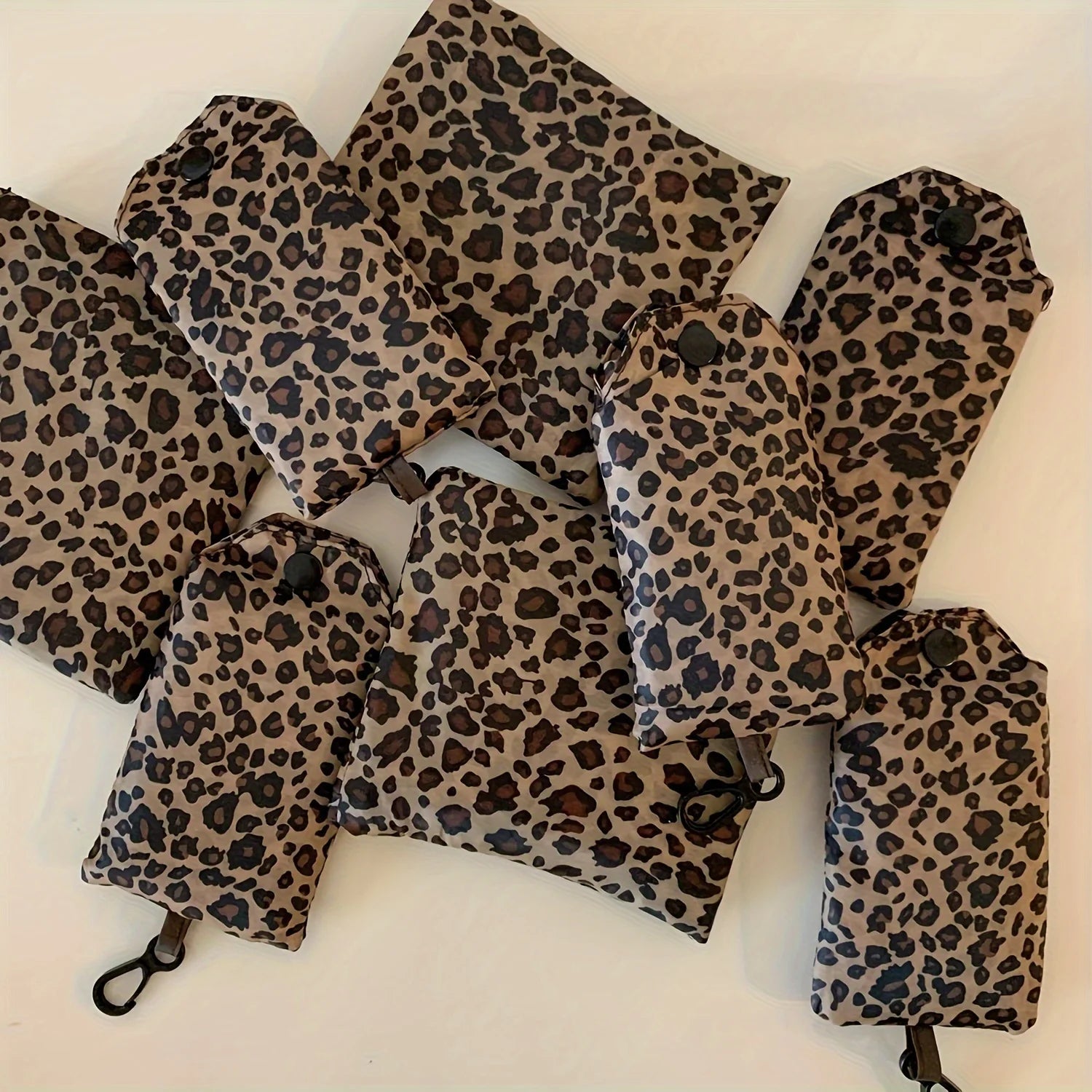 Leopard Print Foldable Tote Bag Lightweight Polyester Leak-Proof Reusable for Shopping Travel Work