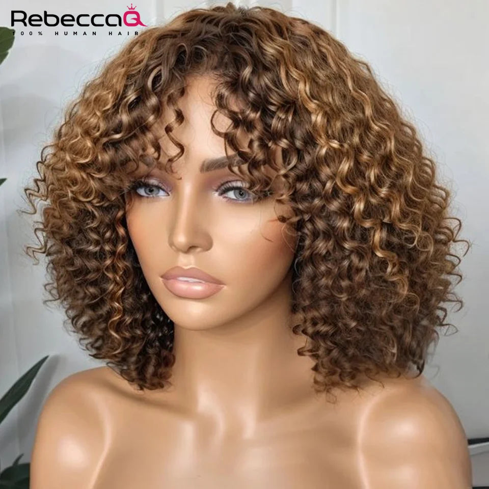 Short Curly Bob Wig With Bangs 100% Human Hair Wigs For Women Brazilian Remy 4C Hair Jerry Curl Glueless Daily Use Natural Color