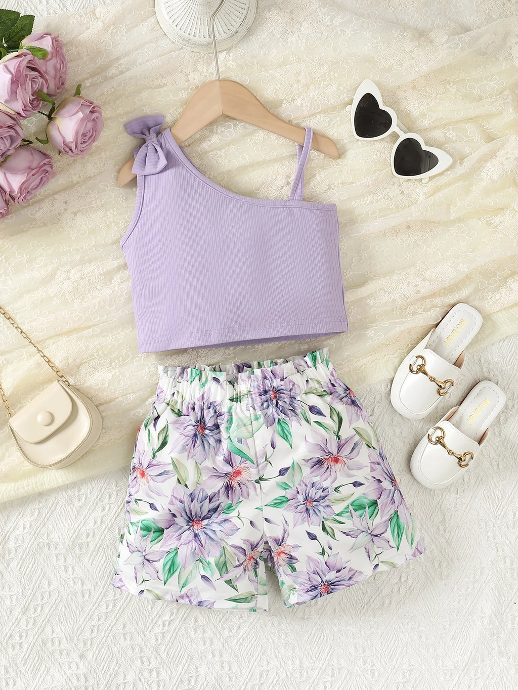 2PCS Summer Kids Girl Clothes Set Suspenders Bow Top+Flower Shorts Fashion Sense Design Party Costume For Child Girls 1-8 Years