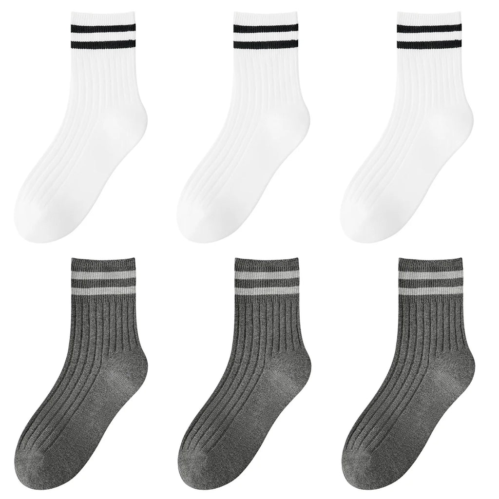 Kids Boys Girls Cotton Socks - Seamless Double Needle Ribbed 2-Stripe, Teens Students All Season School Home Sports Socks
