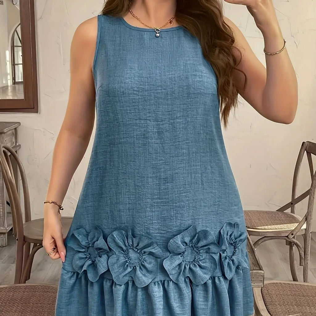 Dodge Blue Embossed Floral Dress Sleeveless Applique Midi an  Elegant Resort Wear