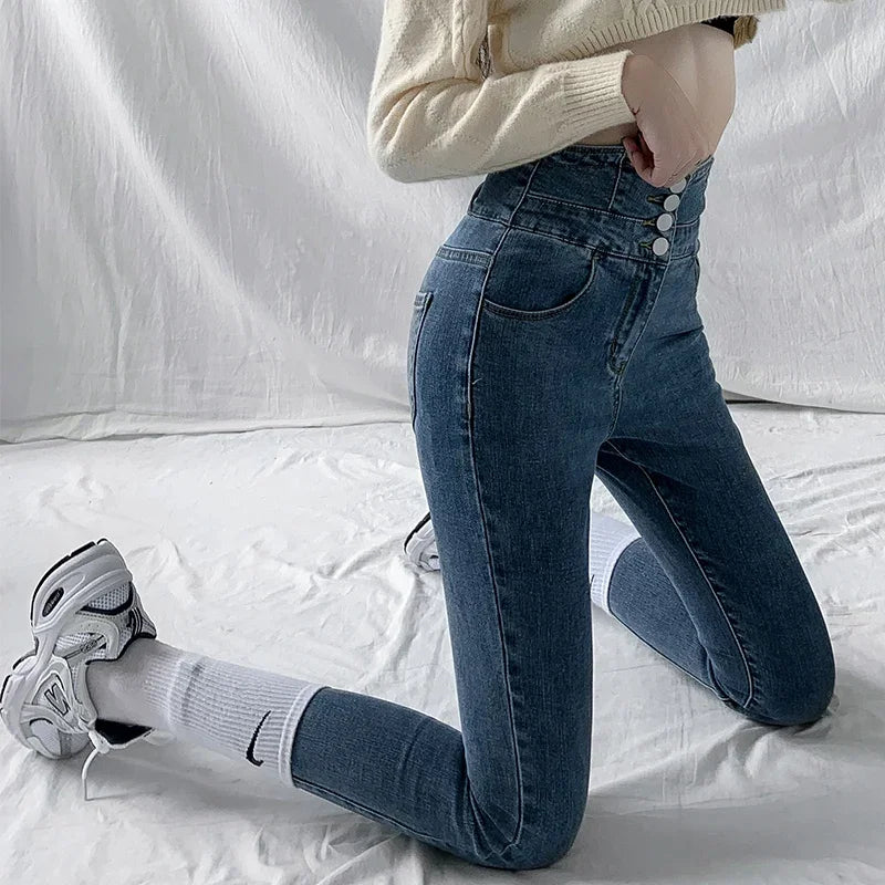 Skinny Pencil Y2K Jeans Four Buttons Vintage High Waist Women Slim Stretch Denim Pants Tight Trousers 2025 Women's Denim Pants