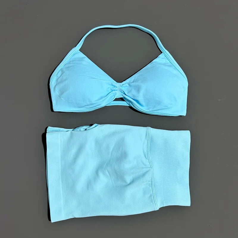 2 Piece Sport Set Women Seamless Yoga Tank Bra High Waist Scrunch Bum Gym Shorts Sets Fitness Running Workout Suit