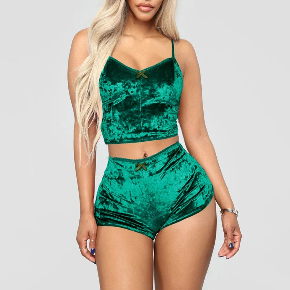 2Pcs/set Women's Velvet Polyester Comfortable V Neck Underwear Crop Top + Shorts Pajama Set Homewear Sleeveless Top Shorts Camis