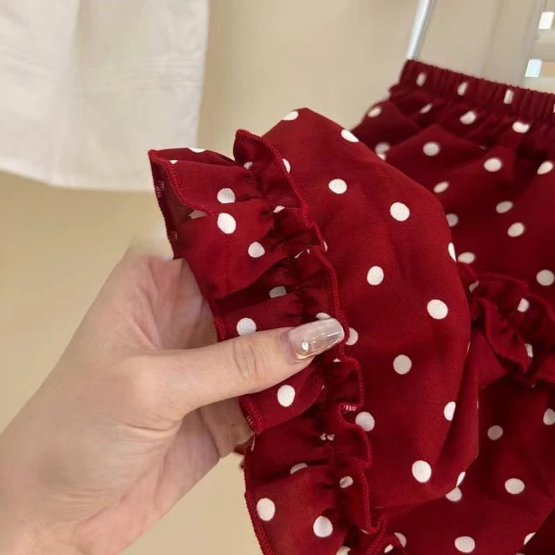 2026 New Strap Little Red Riding Hood Set Summer Cute Girl Hook Flower Western Style Tank Top Polka Pants Skirt Three Piece Set