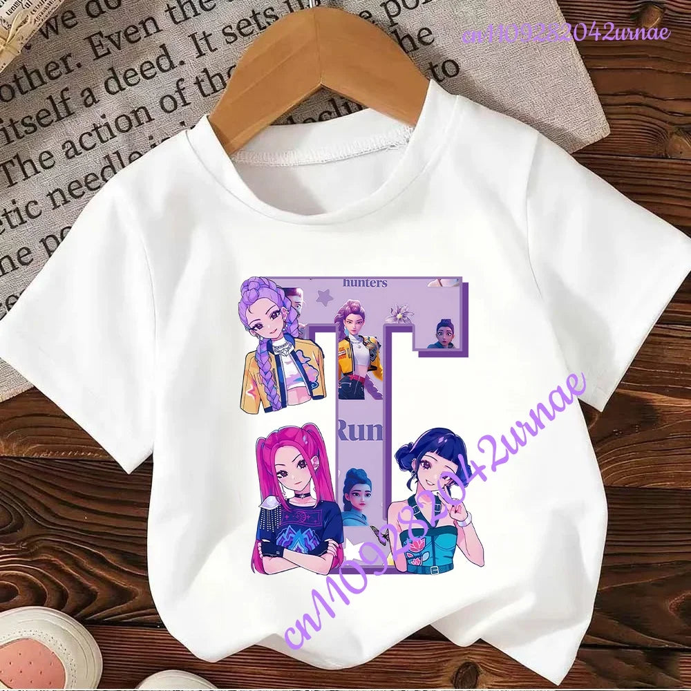 Kpop Demon Hunters Letter A-Z T-shirt Kawaii Rumy Birthday Tops Party Wear Girls Tee Summer Short Sleeve Cotton Kid Clothes