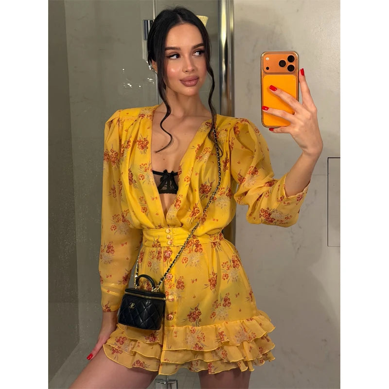 Sexy Pink Floral Print Ruffle Slim Short Dress Women Elegant V-neck Pleated Puff-sleeve Ruched Dresses Lady Party Club Robe New