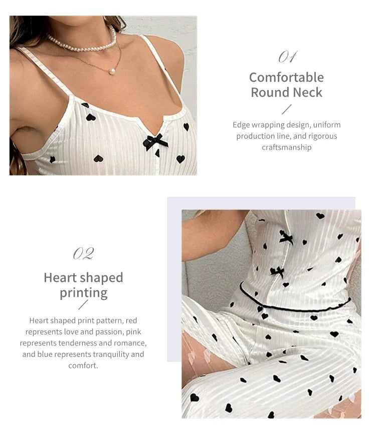 Women's Sleepwear & Loungewear Heart Print Contrast Lace Pajamas Pj Set Summer Sleevelss Cami Top & Elastic Pants Pyjama 2 Piece