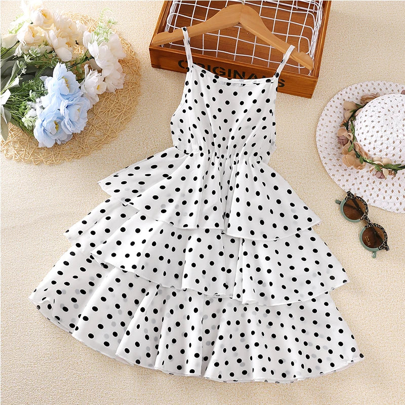 Princess Dress for Kids 4-12 Years Summer Polka Dot Cake Dress For Girls Formal Dresses Birthday Hosting Party Beach Vacation
