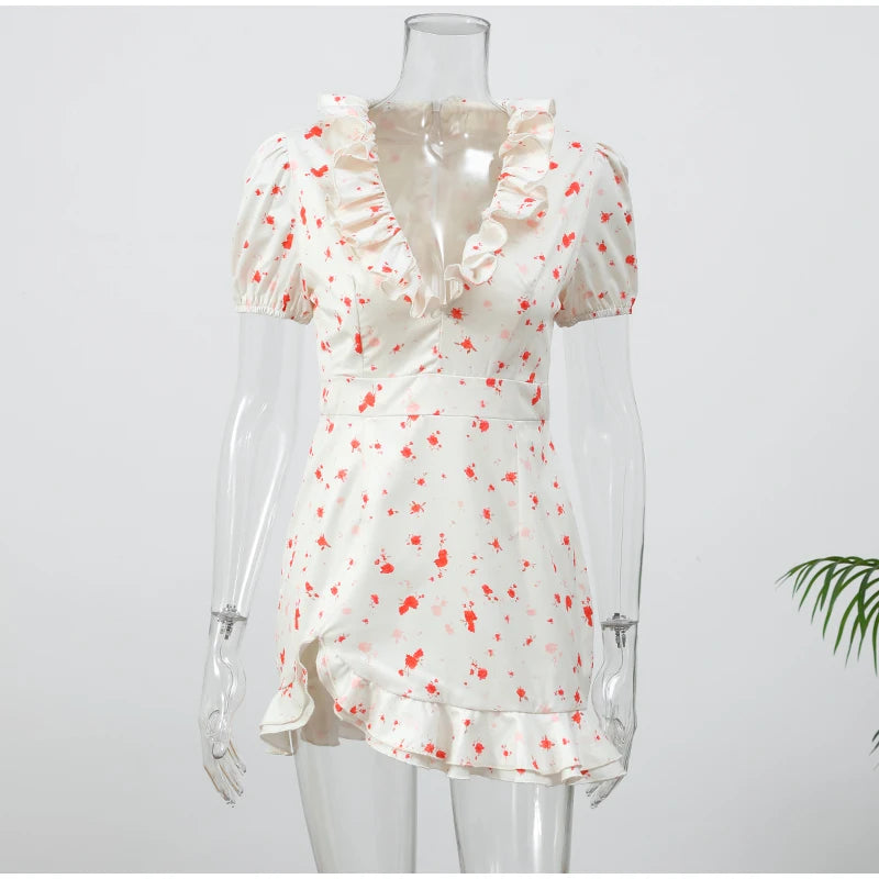 Elegant Floral Printed Mini Dress Women V-neck Short Sleeves Waist-cinching Ruffle Hem Dresses 2026 Lady Summer Vacation Gowns