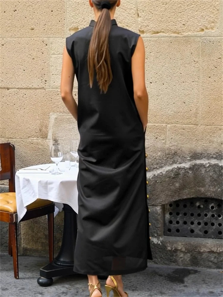 UOOZEE Female Vintage Solid Color Split-Side Stand Collar Party Evening Dresses 2025 New Summer Buttoned Casual Shirts Dress