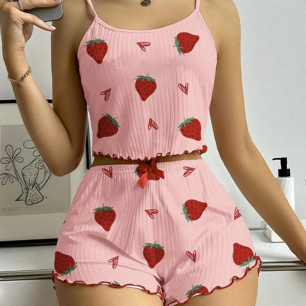 Women's Strawberry Print Ribbed Knit Ice Silk Camisole Pajama Set Comfortable Two-Piece Sleepwear for Summer