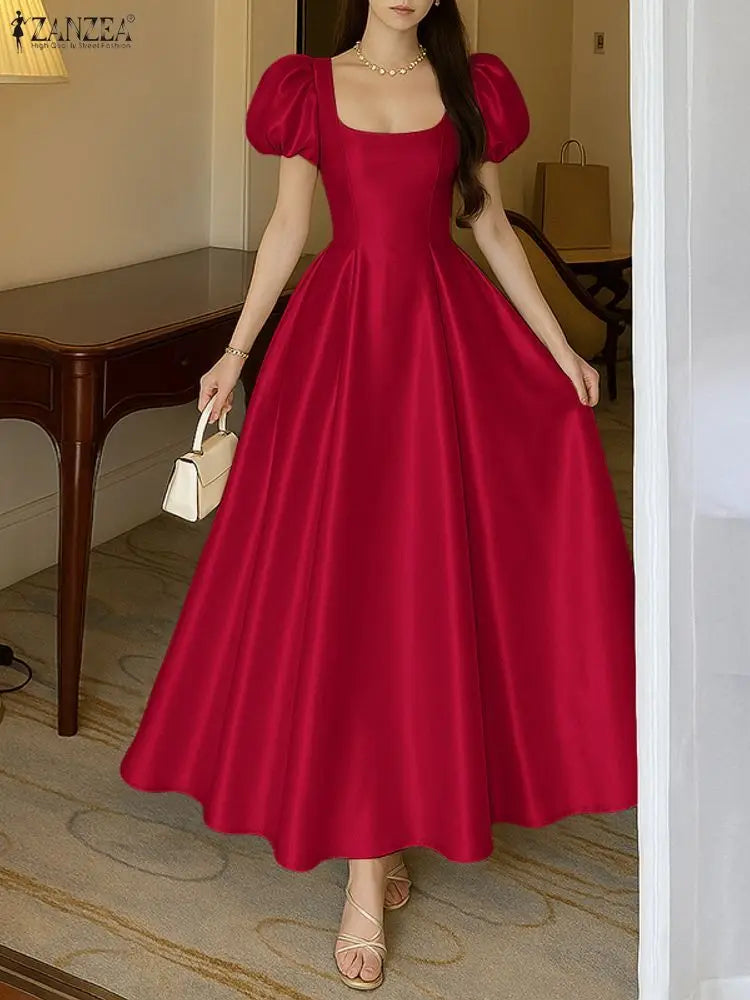 ZANZEA Women's Elegant White Satin Long Dresses Wedding Guest Cocktail Evening Party Dress Square Neck Sleeveless Robes Femme