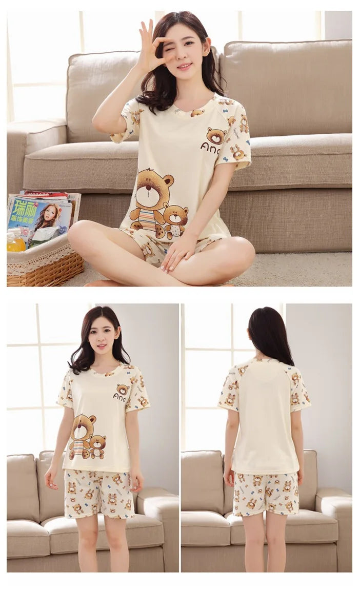 Women Thin Cute Sleepwear 2PCS Shirt Shorts Pajamas Set Nightwear Cartoon Intimate Lingerie Pyjamas Female Homewear Gift Tops