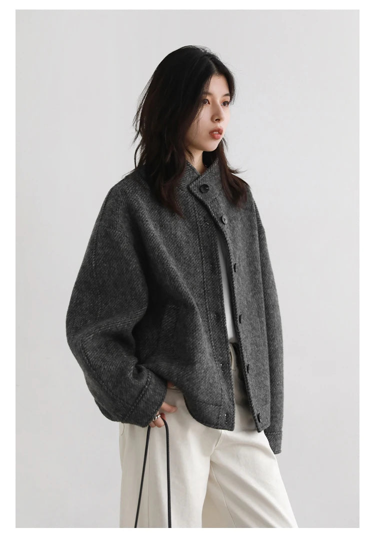 CHIC VEN Women Short Woolen Coat New Stand Up Twill Texture Single Breasted Ladies Jacket Retro Woman Outwear Autumn Winter 2025