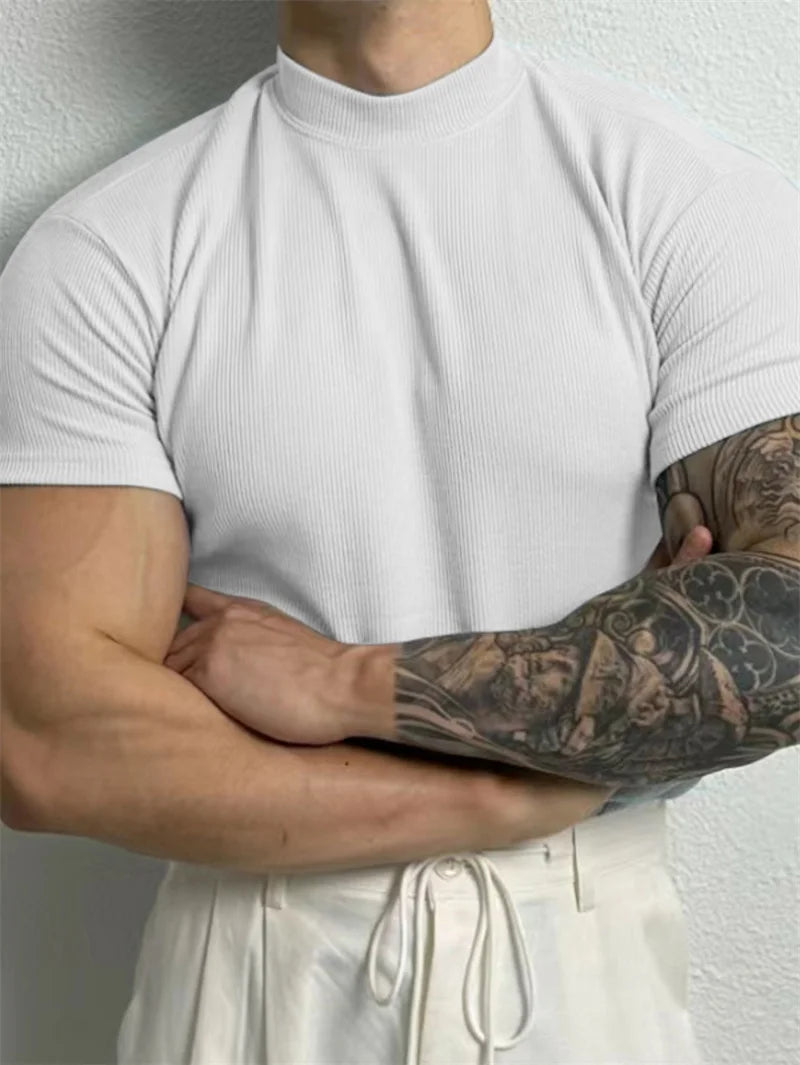 2026 New fashion Men's T-shirt Small high collar stripe shirt short sleeve fitness top leisure sport T-shirt Men sportswear