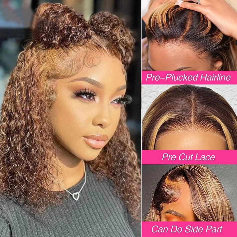 Bob Wig Human Hair Highlight 5X5 Hd Lace Closure Wig Curly Short 427 Honey Blonde Colored Glueless Deep Wave Wig For Black Women