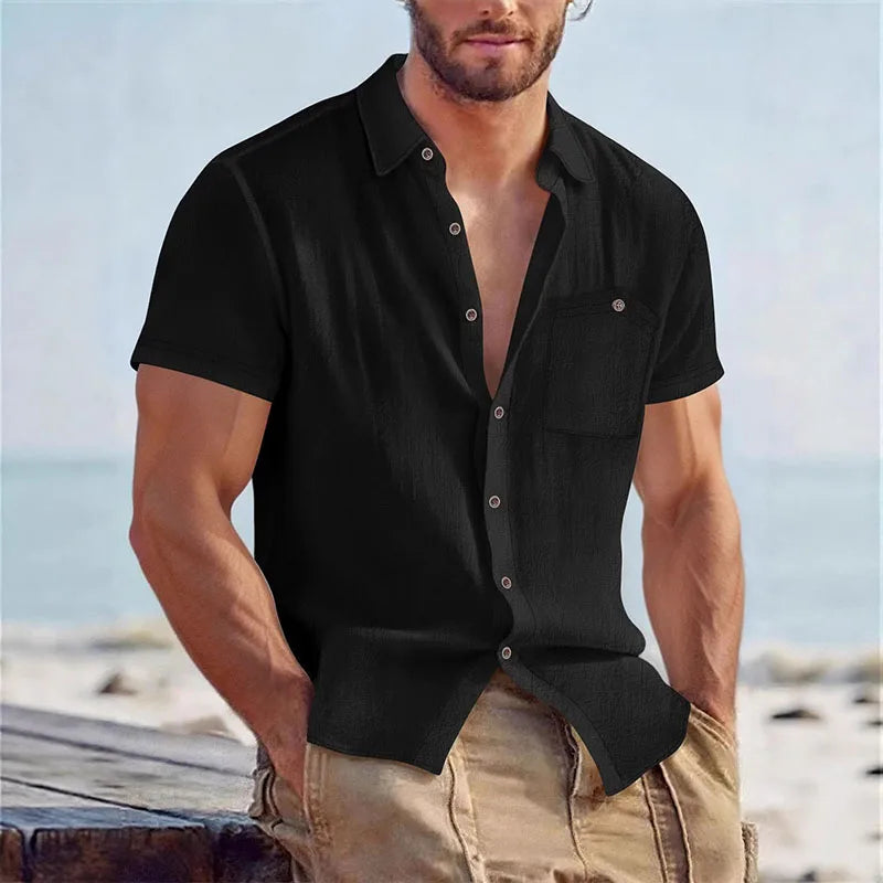 Men's Linen Blend Short Sleeve Button Down Shirt Casual Beach Tops with Chest Pocket Breathable Lightweight Summer Shirts forMen