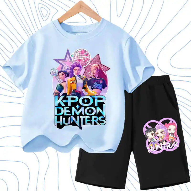 Summer Girls Casual T Shirt Sets K POP Cartoon Printed Kids Fashion Outfits Teen Children's O Neck Short Sleeve Tops Shorts 2pcs