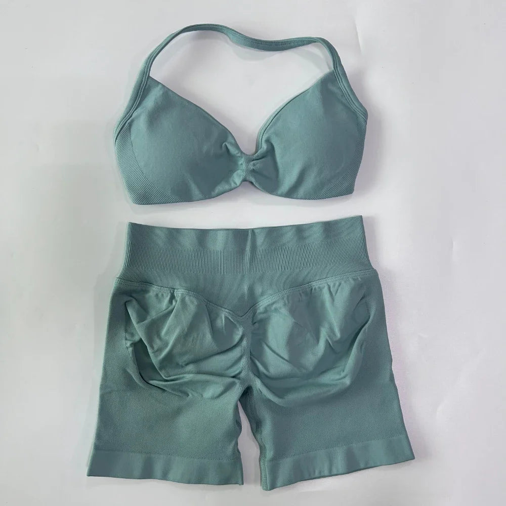 NO LOGO 2PCS Gym Set Women Strappy Yoga Bra Top High Waist Workout Scrunch Shorts Sports Suit Seamless Yoga Set Fitness Clothes