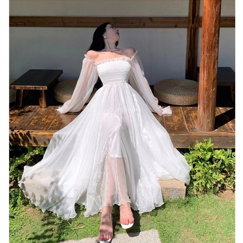 Horetong Elegant Maxi Dresses For Women White Off Shoulder Puff Long Sleeve Elastic High Waist Party Gown Ruffle Holiday Dress