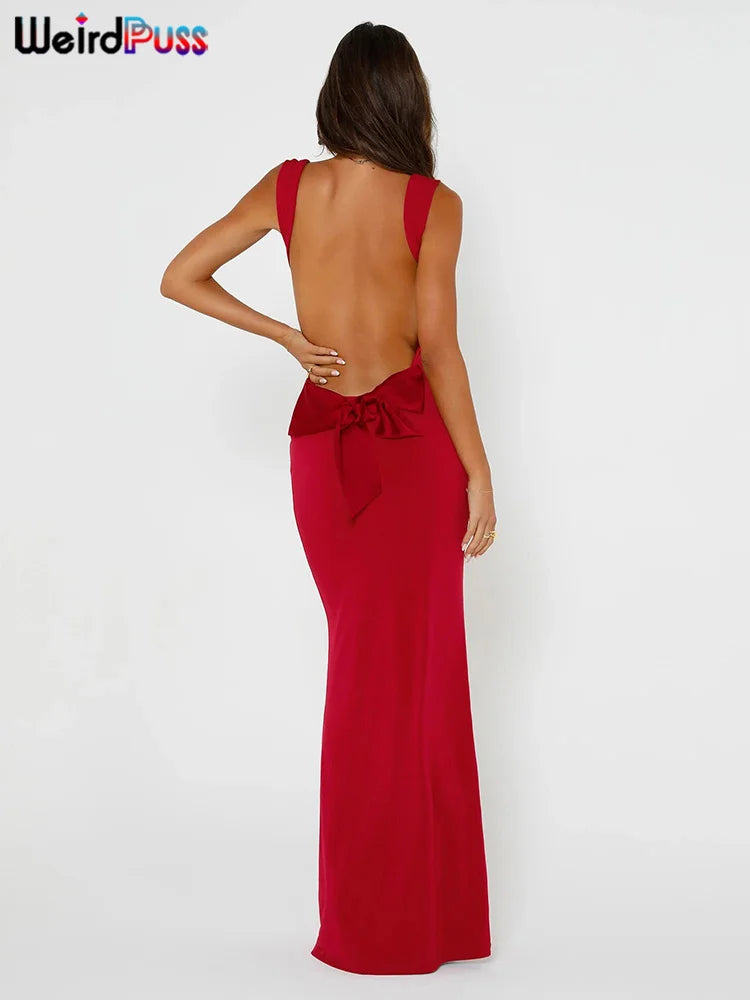 Weird Puss Bow Lace Up  Women Maxi Dress Sleeveless Sexy Backless Slim Bodycon Festival Evening Party Elegant Mermaid Long Robe