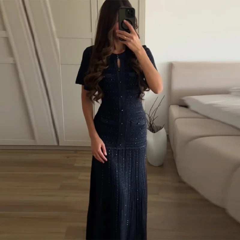 Cinched Waist Sequin Maxi Dress for Women Round Neck Short Sleeve Knitted Dresses 2026 NEW Hollow Out Single Breasted Midi Robes