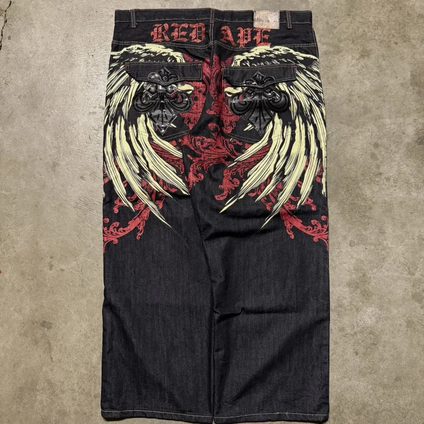 2024 New American Trend Retro Hip-hop Embroidery Pattern Baggy Jeans For Men And Women Y2K Harajuku Gothic Wide Pants Streetwear