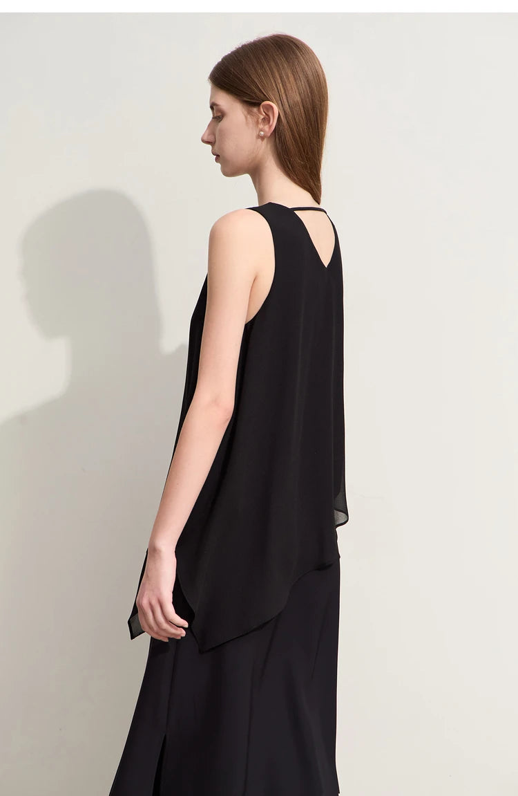 Amii Minimalism 2024 Women Dresses Summer New Vacation Style V-neck Spliced Chiffon Female Sleeveless Loose Dress 12452102