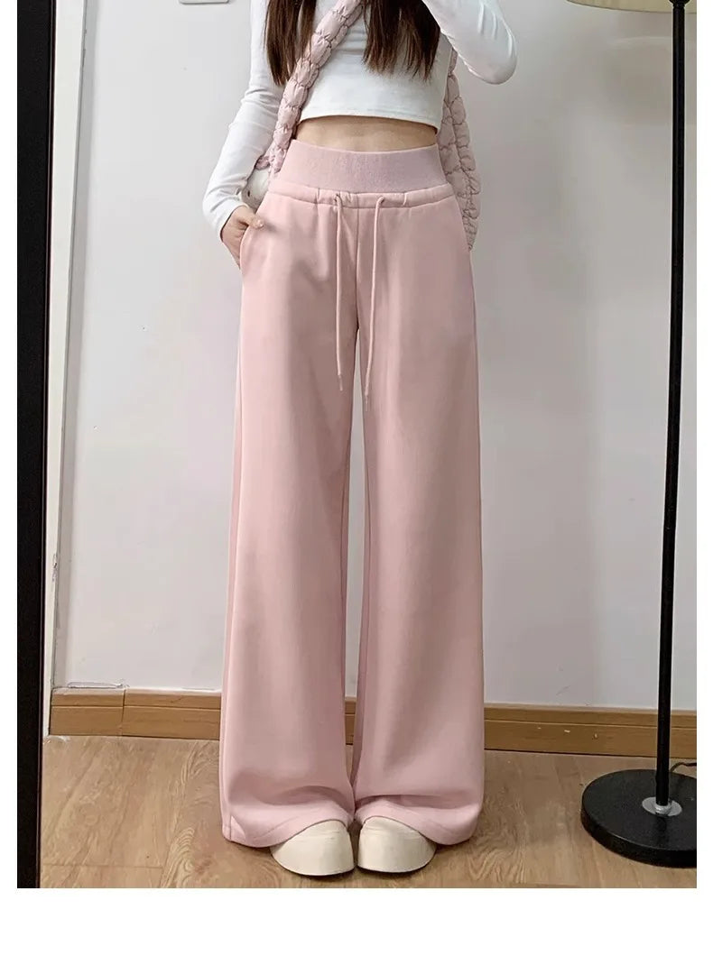 Women's gray sports high waist hanging loose slimming straight leg wide leg pants American sweatpants.