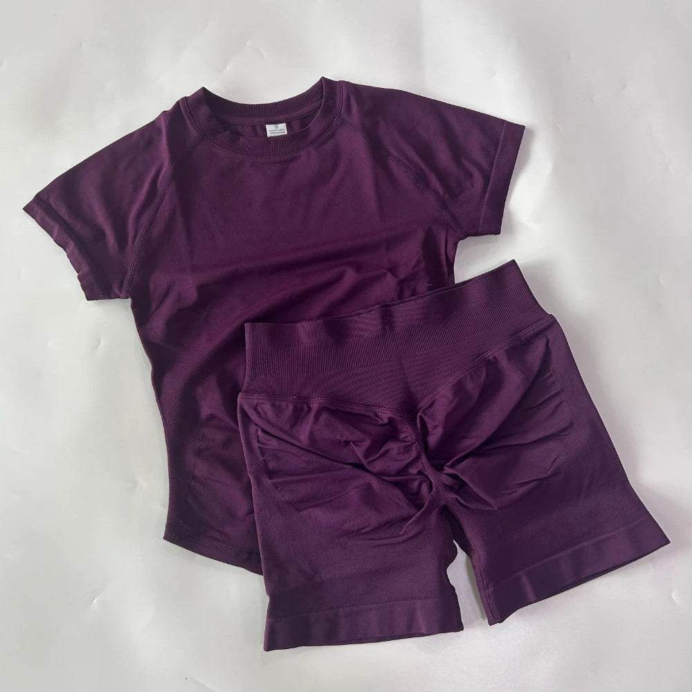 2 Piece Sets Women Outfit Longline Short Sleeve Gym Crop Top High Waist Workout Shorts Sports Suit Fitness Clothes Yoga Set