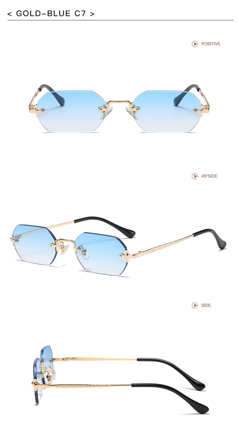 Rimless Rectangle Sunglasses Small Men Glasses Women Metal Gold Polygon Blue Shades 2024 UV400 Frameless