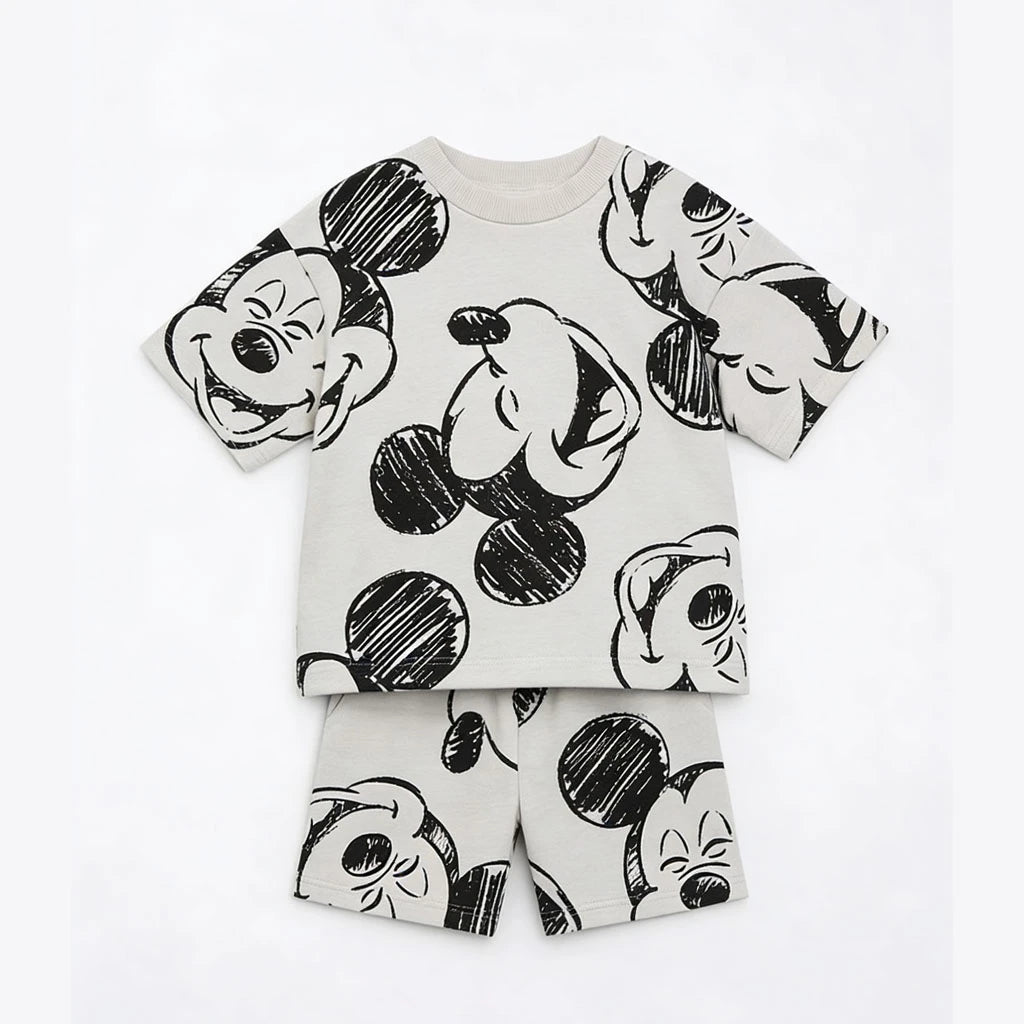Disney Mickey Children's Sports Set Cartoon Fashion Loose Girl Baby Boy Short Sleeve Round Neck T-shirt+shorts Two Piece Set