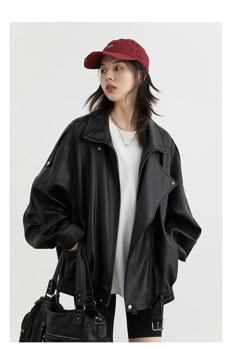 CHIC VEN Woman PU Jacket Solid Loose New Retro Standing Collar Motorcycle Faux Leather Coat Female Top Spring Autumn 2026