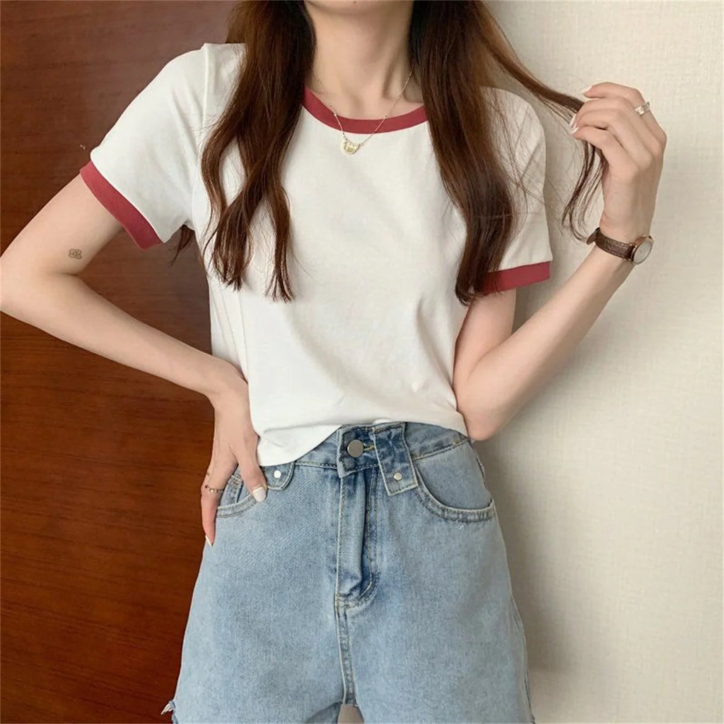Fashion Patchwork T-shirts Women Basic Tee Casual Oversized Tops Quality Unisex Short Tshirts Tees Girl Summer Clothing Tops