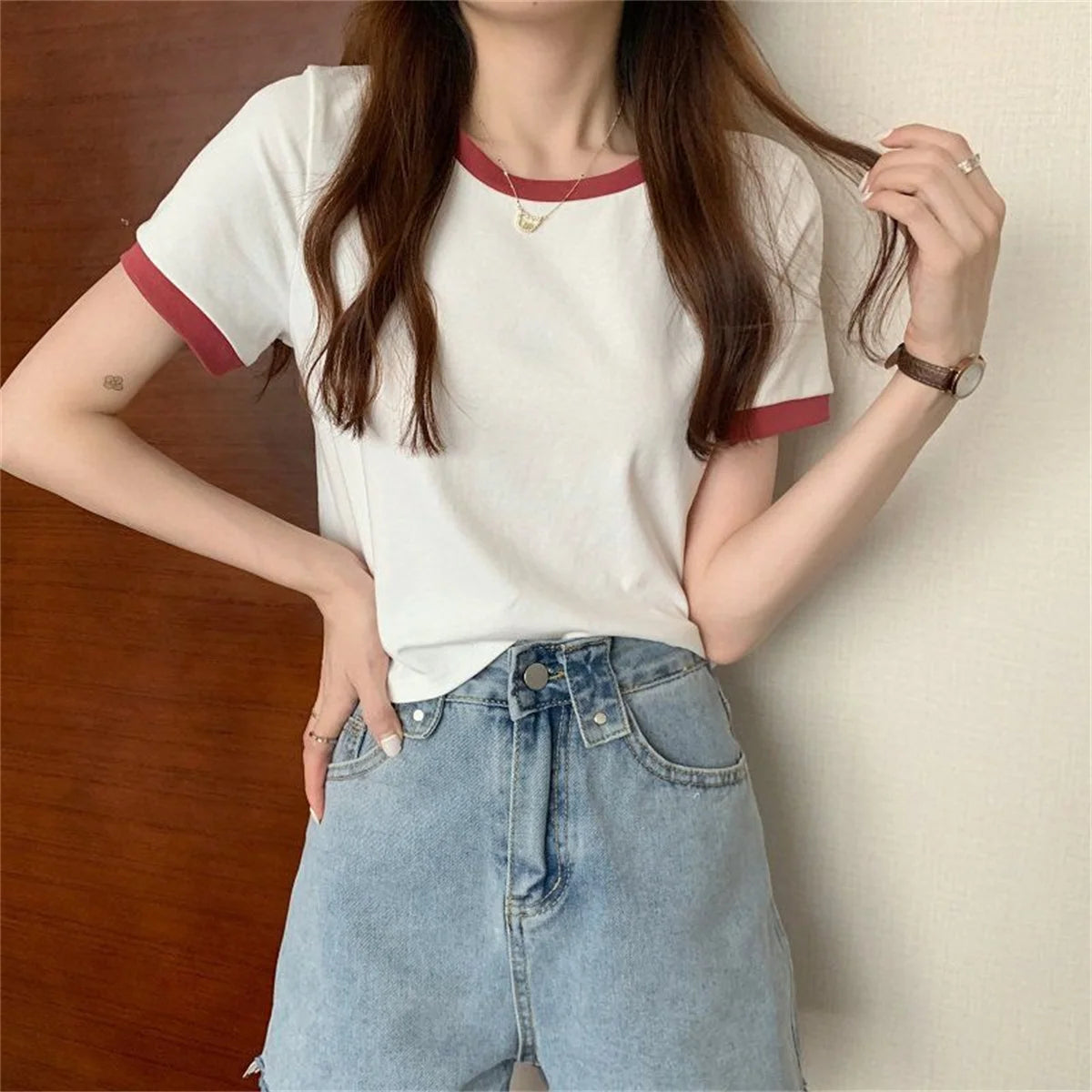 Fashion Patchwork T-shirts Women Basic Tee Casual Oversized Tops Quality Unisex Short Tshirts Tees Girl Summer Clothing Tops