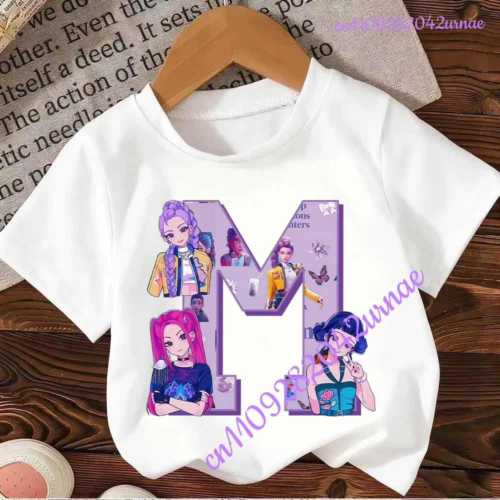 Kpop Demon Hunters Letter A-Z T-shirt Kawaii Rumy Birthday Tops Party Wear Girls Tee Summer Short Sleeve Cotton Kid Clothes