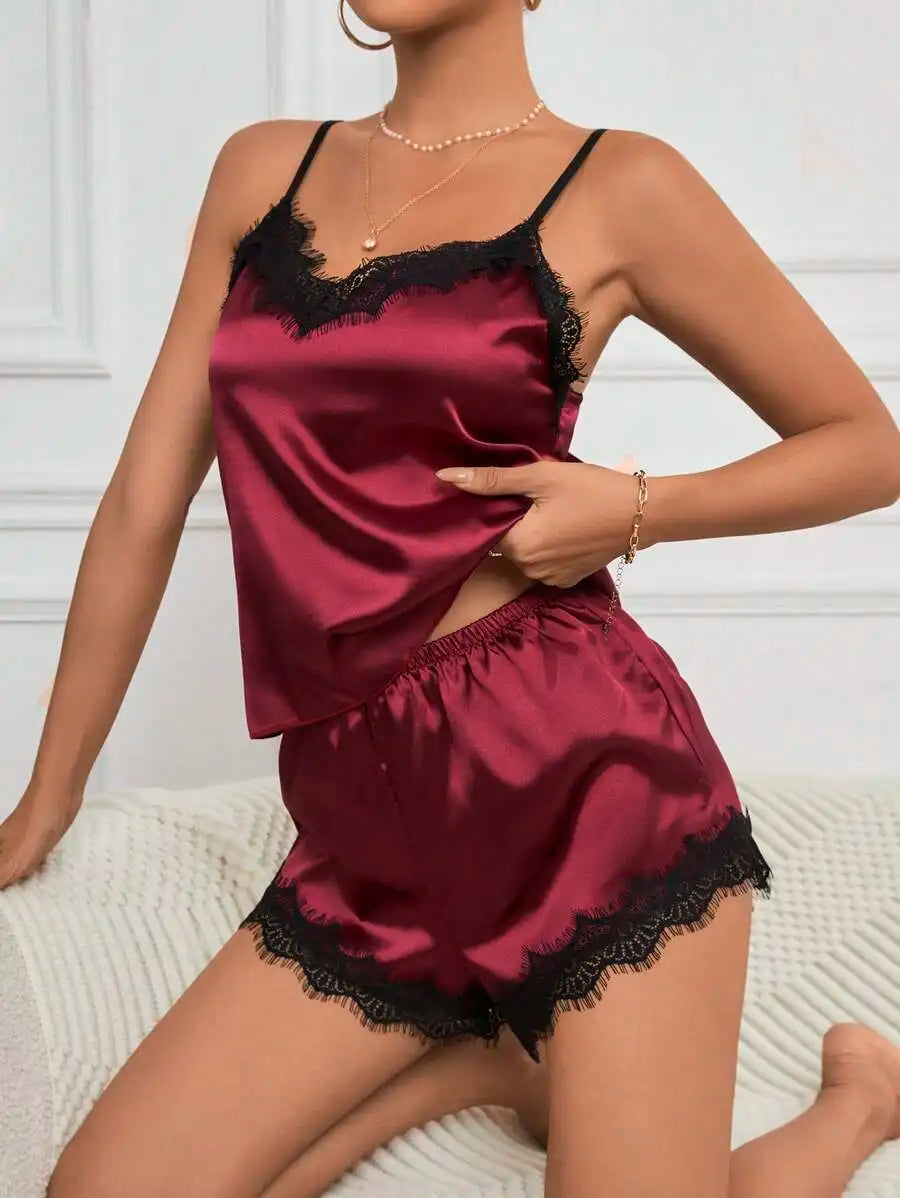 Champagne solid color Women Ice Silk Pajamas Sleepwear Pajama Set Satin Camisole Shorts  Low Cut Comfortable Casual Summer