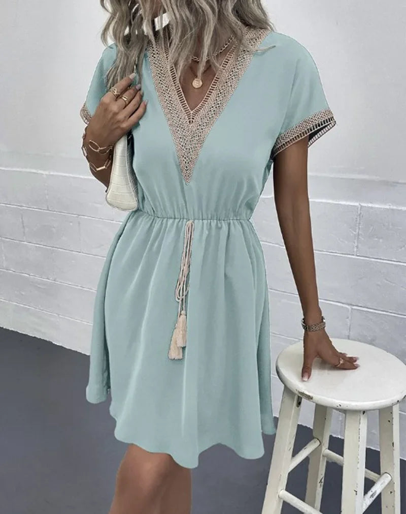 Summer Solid Short Sleeve Lace V Neck Waistband Female Beach Midi Short Dress Elegant Women's Sweet White Solid Color Dresses