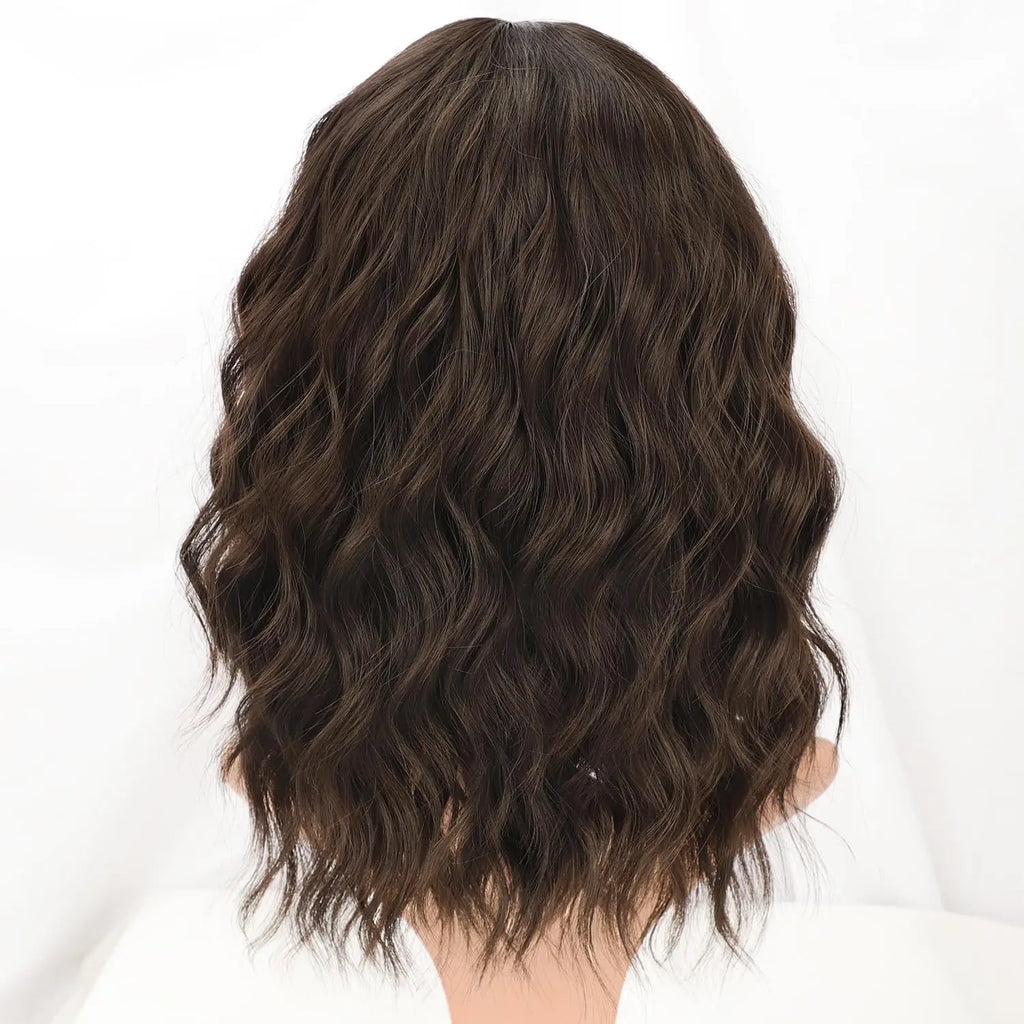 HAIR Natural Brown Synthetic Curly Wavy Bob Wig with Bangs for Women