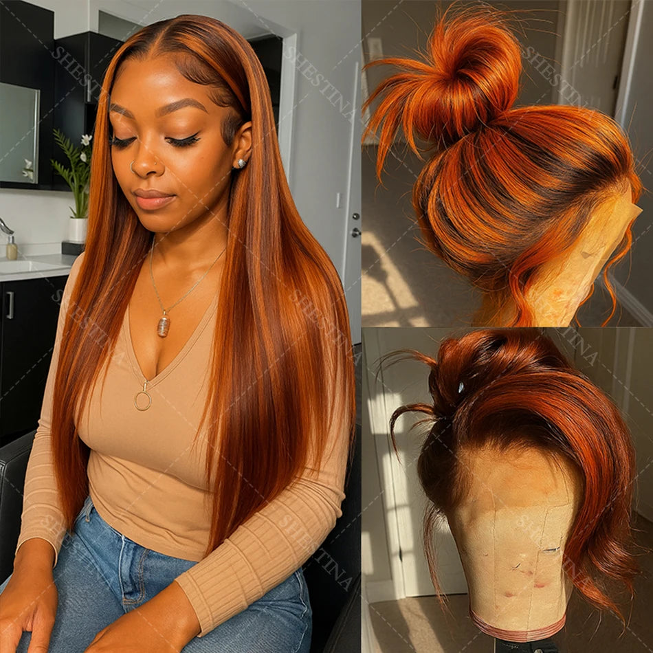 Brown Ginger Highlight Wigs Human Hair Bone Straight 5x5 Lace Frontal Glueless Pre Cut Ombre Ginger Colored Hair Wigs For Women