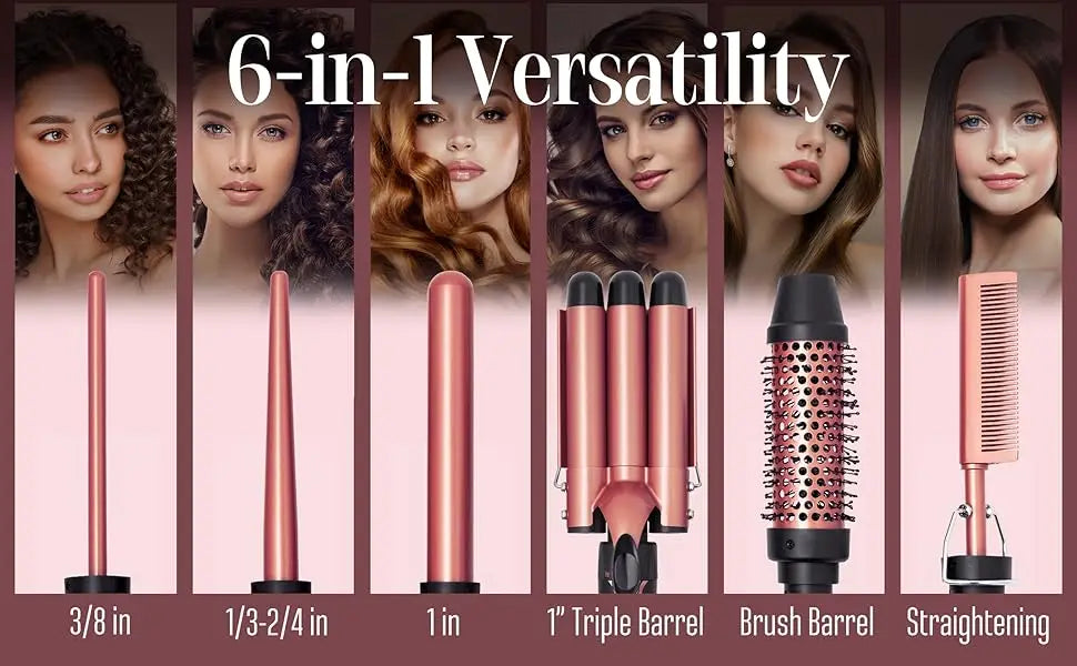 Curling Iron Set 6-in-1 Hair Curler with 3 Barrel Hair Crimper, Hair Straightener - Waver Heating Styling Tools for Women