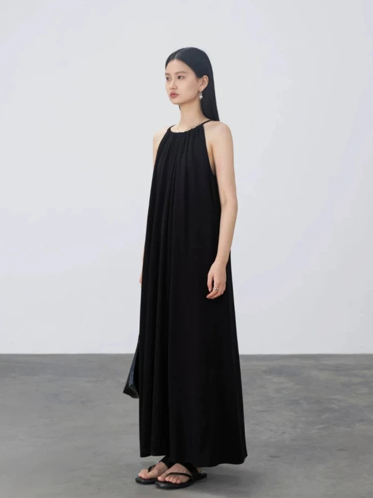 CHIC VEN Women Halter Dress A Line Solid Loose Casual Lace Up Black Sleeveless Holiday Female Long Dress Pullover Summer 2026