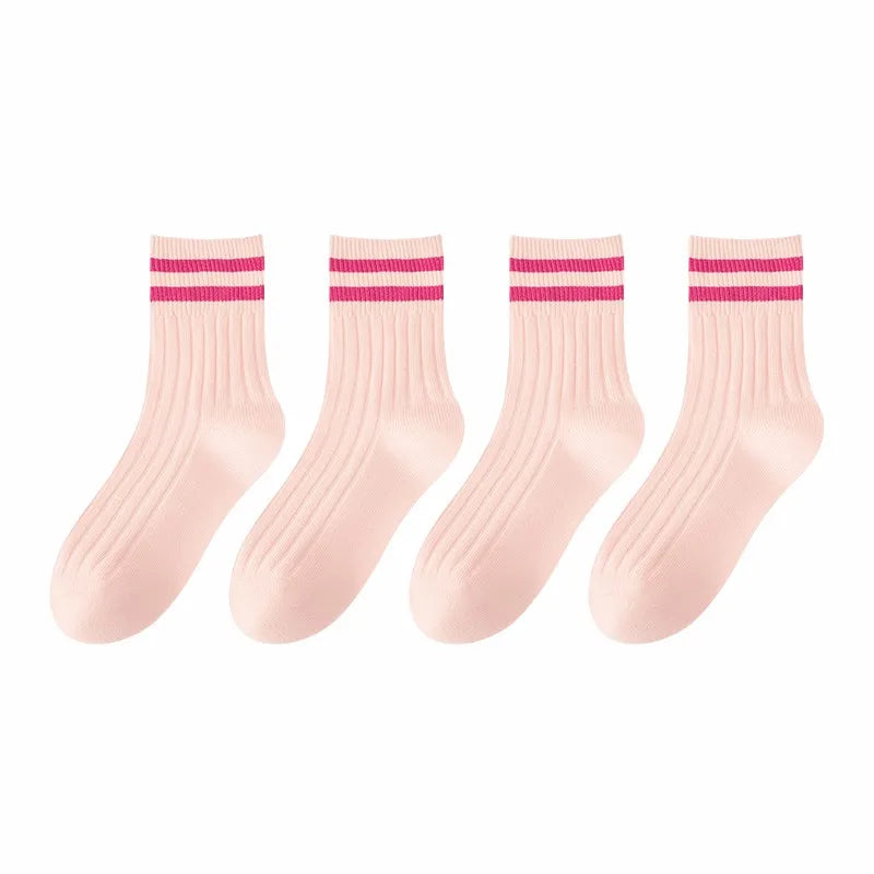 Kids Boys Girls Cotton Socks - Seamless Double Needle Ribbed 2-Stripe, Teens Students All Season School Home Sports Socks