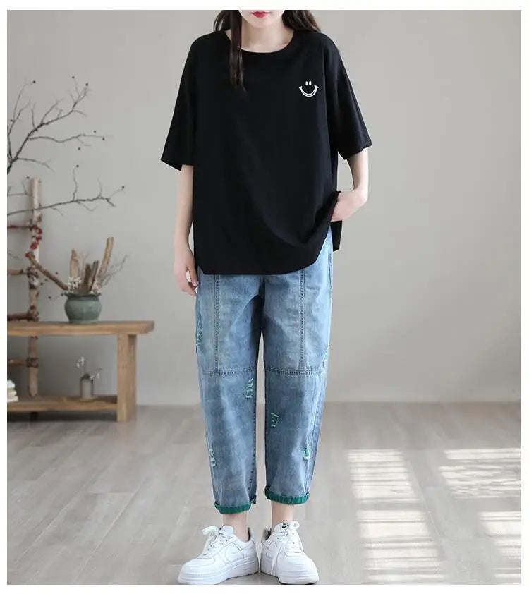 Nine Point ripped Jeans For women Summer 2025 new Loose Thin Elastic waist Casual Harem pants Female denim Ankle Length pants