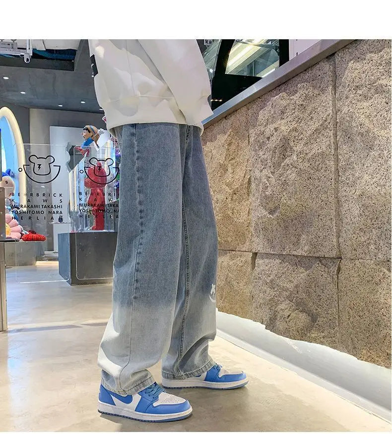 Harajuku Smile Print Baggy Pants Men Streetwear Wide Leg Oversize Jeans Vintage Y2k Straight Long Trousers Male 2024 Fashion