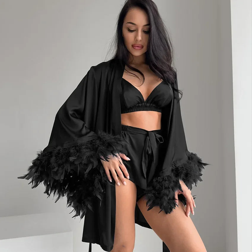 Shorts Nightgown Three-piece Set, Imitation Silk, Loungewear, Feather Pajamas